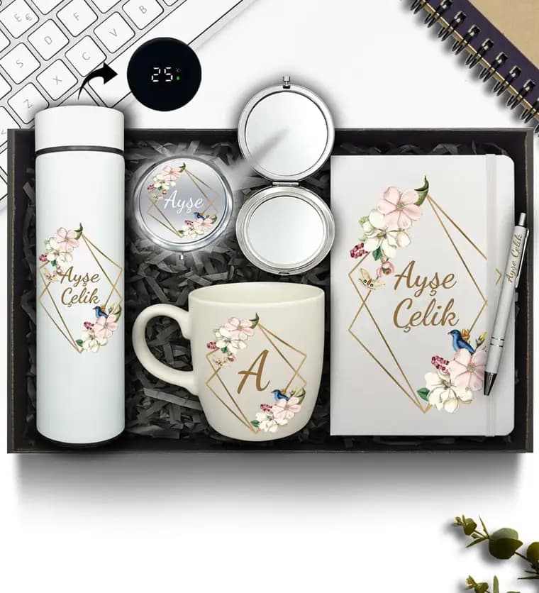 Muğla çiçek siparişi: Kişiye Özel Dereceli Beyaz Termos & Beyaz Defter & Beyaz Kupa & Krom Ayna & Beyaz Kalem Hediye Seti
